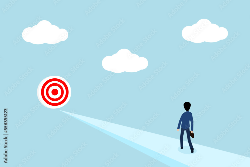 A businessman walking towards his goal on a steep and narrow path before reaching his goal. The concept of facing challenges to reach the goal of success. Vector illustration A businessman walking towards his goal on a steep and narrow path before reaching his goal. The concept of facing challenges to reach the goal of success. Vector illustration