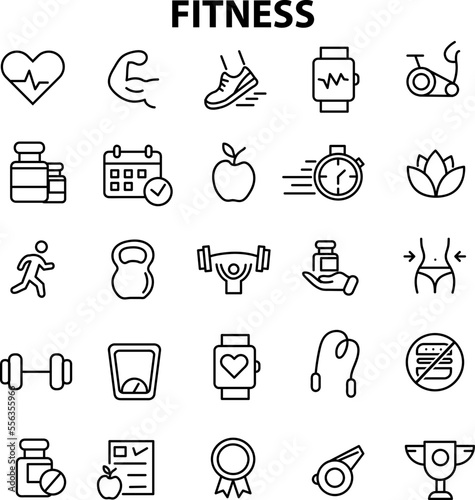  Fitness thin line icons set. Fitness editable stroke icon. Fitness, Sport, Gym, Cardio, Running, Diet, Yoga, Health symbol. Vector.eps