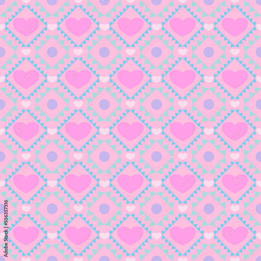 Pink heart on colorful geometric triangle square background vector seamless pattern, element for decorate valentine card, flannel tartan plain fabric textile printing, wallpaper and paper wrapping Pink heart on colorful geometric triangle square background vector seamless pattern, element for decorate valentine card, flannel tartan plain fabric textile printing, wallpaper and paper wrapping