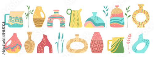 Vase and ceramic pot, jug or jar bottles silhouette set. Cozy home decor handmade boho pottery form and branch leaves. Antique various shape vases, hand drawn vessel. Trendy art vector illustration