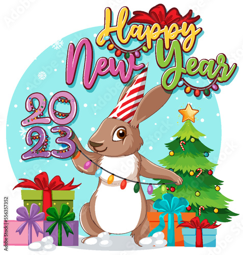 Happy New Year text with cute rabbit for banner design