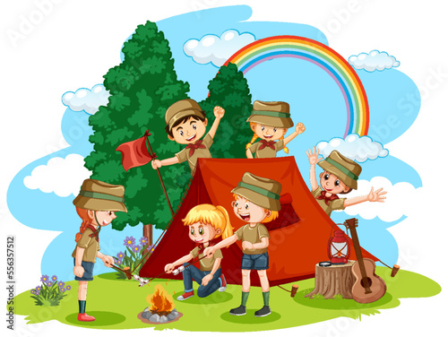 Camping kids in cartoon style