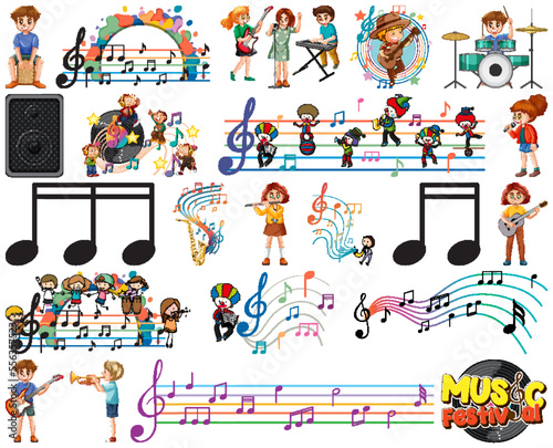 Kids musical instruments and music symbols set