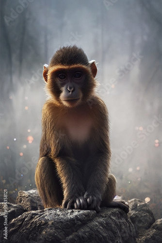 Sad monkey in the forest concept art . Generative AI Art