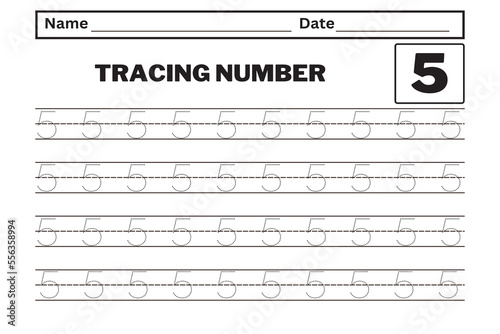 Number 5 tracing practice worksheet with all numbers for kids learning to count and write. Worksheet for learning numbers. Number training writes and counts numbers. Exercises handwriting practice