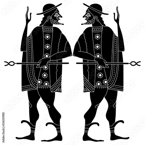 Symmetrical design with ancient Greek god Hermes or Mercury. Black and white negative silhouette. Vase painting style. Isolated vector illustration.