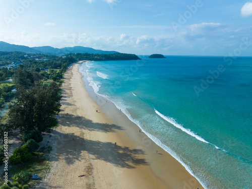 Aerial view of amazing beach with people relax on the beach sea, Beautiful karon beach Phuket Thailand, Amazing sea beach sand tourist travel destination in andaman sea, Travel and tour concept