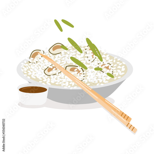 rice with mussels with green onions a plate with bamboo sticks