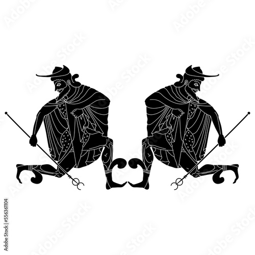 Symmetrical design with ancient Greek god Hermes or Mercury. Black and white negative silhouette. Vase painting style. Isolated vector illustration.
