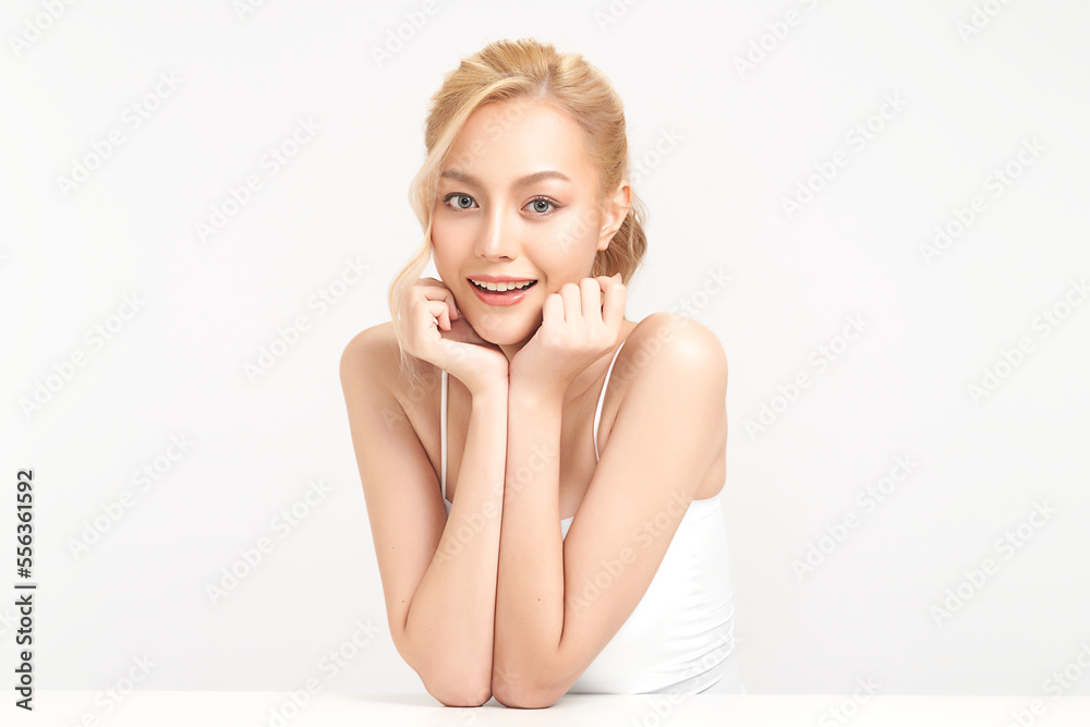 Obraz premium Beautiful young asian woman with clean fresh skin on white background, Face care, Facial treatment, Cosmetology, beauty and spa, Asian women portrait.