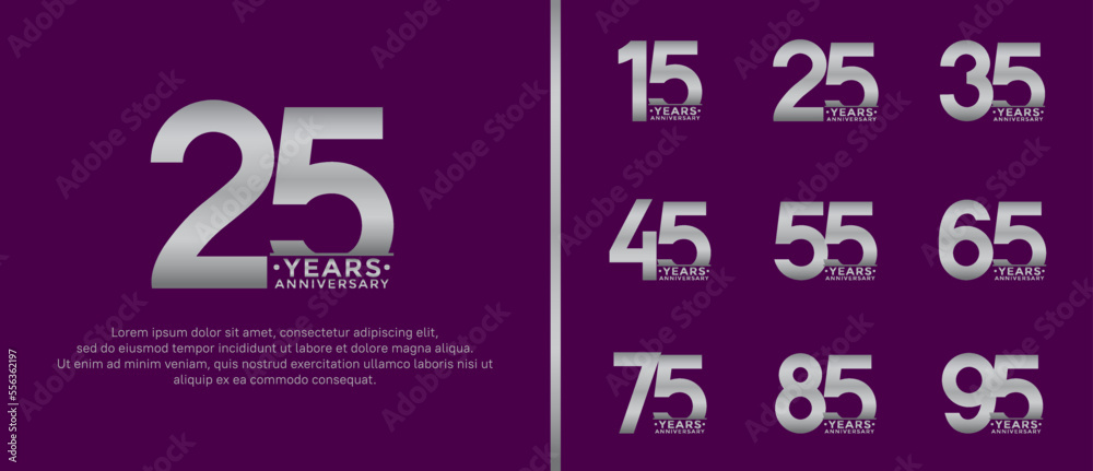set of anniversary logo style silver color on purple background for special moment set of anniversary logo style silver color on purple background for special moment