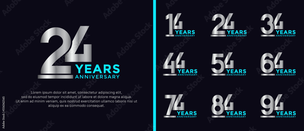 set of anniversary logo style silver and blue color on dark background for celebration