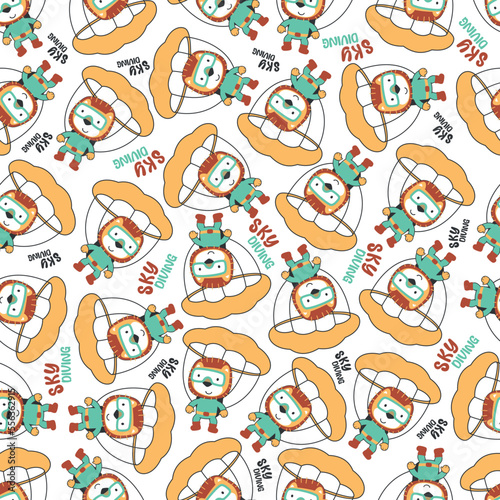 Seamless vector pattern with cute little lion skydiver, Design concept for kids textile print, nursery wallpaper, wrapping paper. Cute funny background.