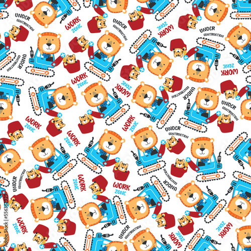 Seamless pattern of Cute little lion on excavator. Can be used for t-shirt print, kids wear fashion design, print for t-shirts, baby clothes, poster. and other decoration.