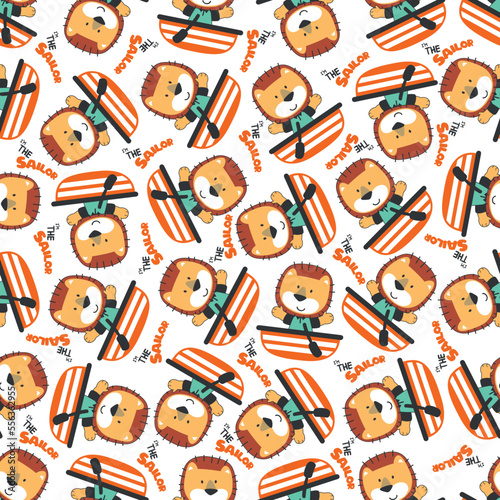 Seamless pattern with cute little lion the sailor, Cute Marine pattern for fabric, baby clothes, background, textile, wrapping paper and other decoration.