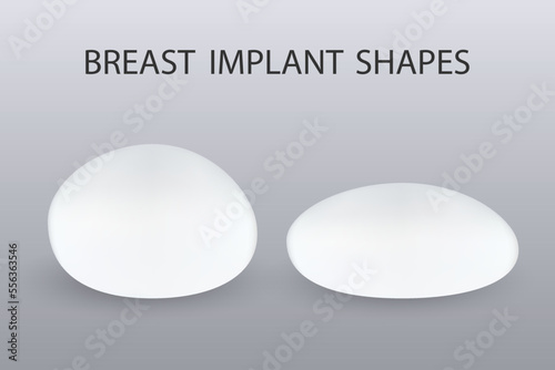 Two different types of silicone breast implants, round shape and teardrop shape with background.