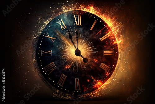 New year countdown clock with colorful fireworks. Beautiful sparkles explosion on background, fantasy round clock counting down.