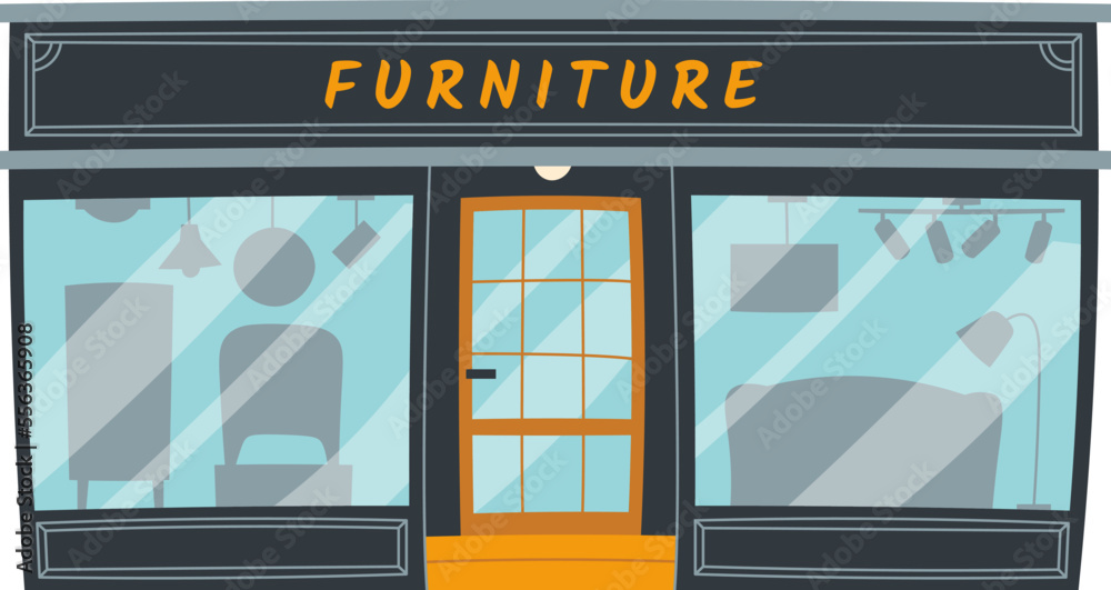Furniture shop entrance door with showcases flat icon Furniture shop entrance door with showcases flat icon