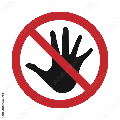 Isolated flat illustration of transparent red crossed out and black arm hand do not touch icon, prohibition, hazard, alert, accident may occur, do not enter symbol