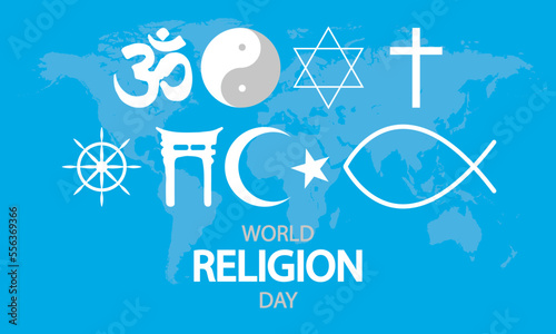 World Religion Day religious symbols on world map  vector art illustration.