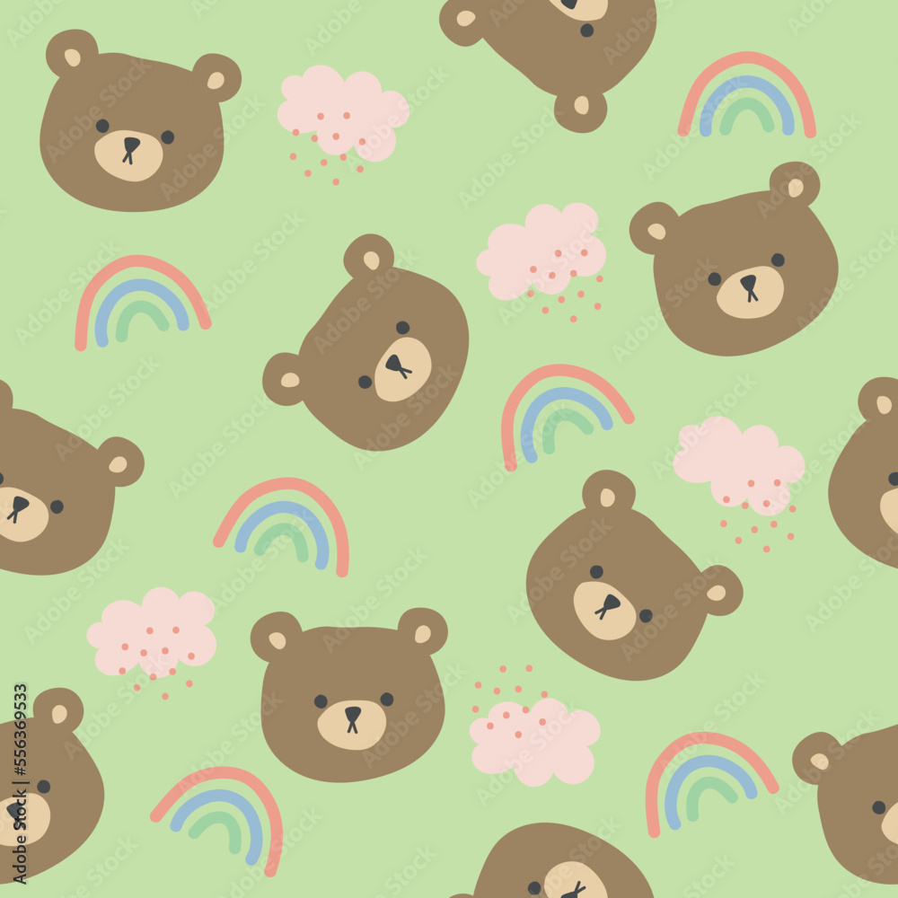 Seamless cute pattern with teddy bear and rainbow. Seamless pattern with a bear face and clouds. Cute bear and rainbow