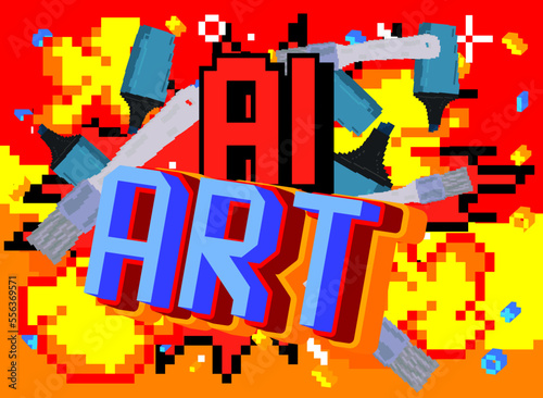 Ai Art. Pixelated word with geometric graphic background. Vector cartoon illustration.