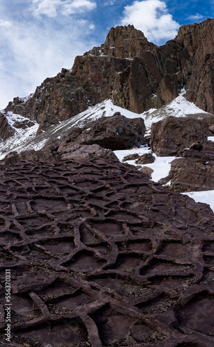 Volcanic Rock Texture with Snowy Mountain Background