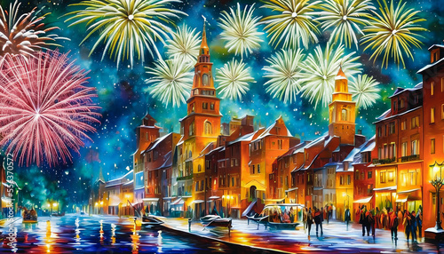 Colorful cityscape during a fireworks display. The sky is filled with a burst of vibrant colors, illuminating the city below and adding a sense of excitement and celebration to the scene. Generative A