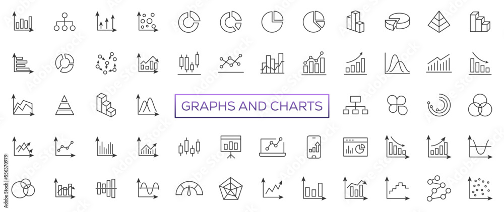 Growing bar graph icon set. Business graphs and charts icons. Statistics and analytics vector icon. Statistic and data, charts diagrams, money, down or up arrow - obrazy, fototapety, plakaty 