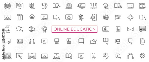 E-learning, online education icons set. 60 Electronic learning icons. Distance learning collection outline icons collection