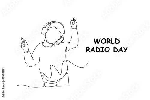 : Single one line drawing happy young boy listening music with earphone. World radio day concept. Continuous line draw design graphic vector illustration.