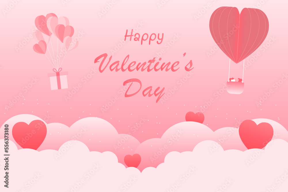 Free vector balloon heart on sky with cloud lover pink background