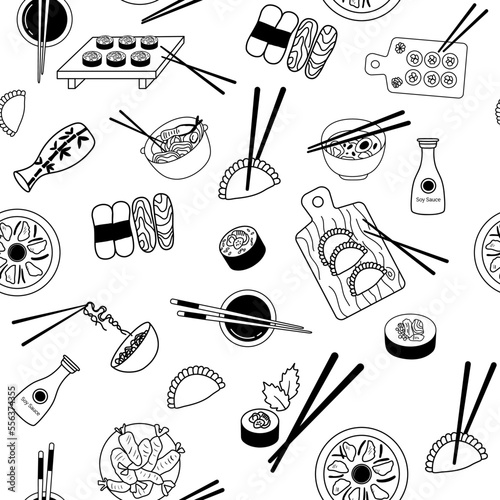 Doodle seamless pattern with Asian food. Chinese dumplings, sushi with chopsticks.
