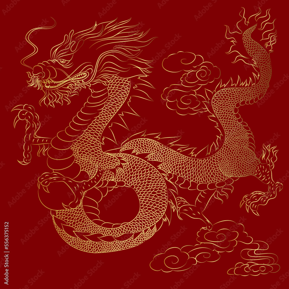 Obraz premium Japanese red dragon tattoo.Dragon on red background for Chinese New Year.Gold Chinese Dragon vector.Gold line art King Dragon tattoo.cartoon vector for t-shirt.