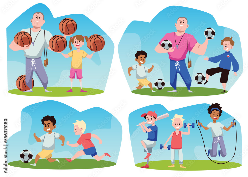 Set of scenes with teacher and kids flat style, vector illustration