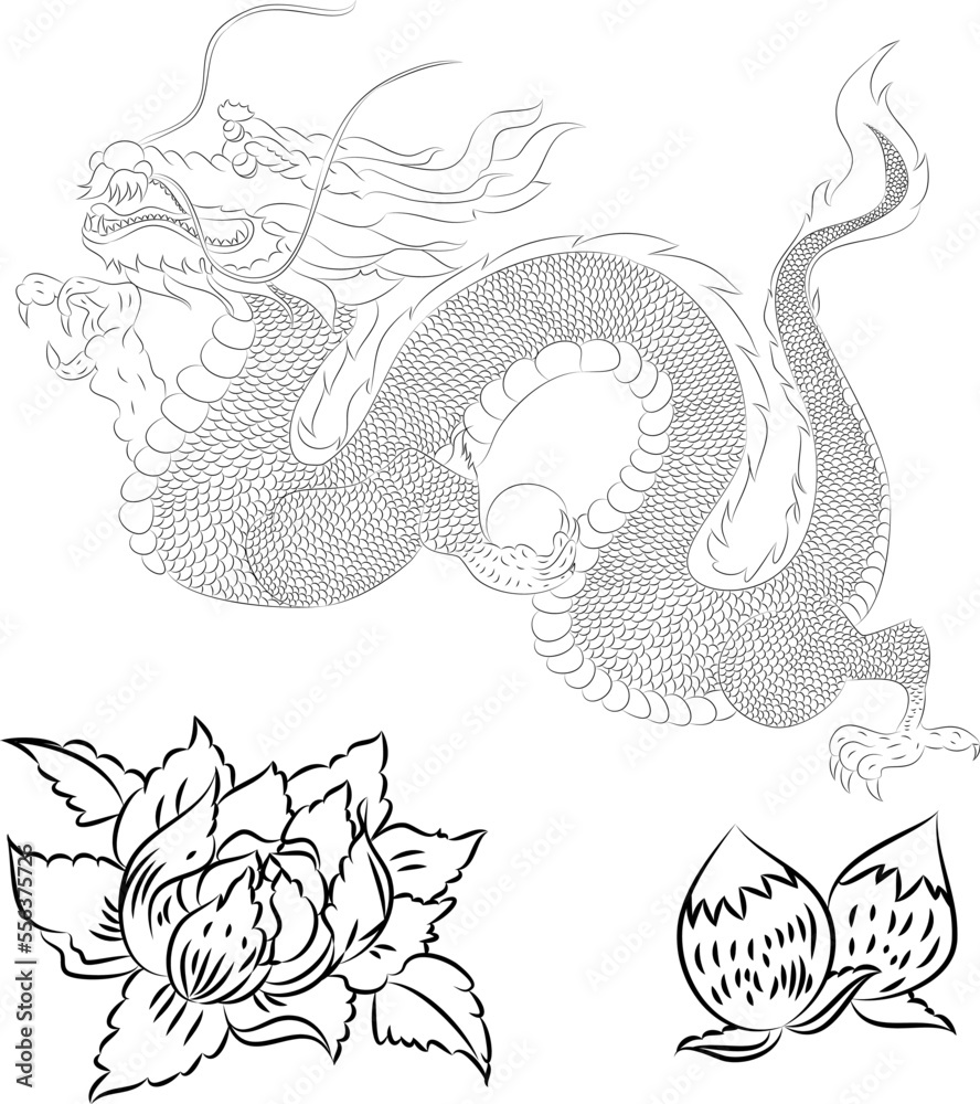 Japanese red dragon tattoo.Dragon on red background for Chinese New Year.Gold Chinese Dragon vector.Gold line art King Dragon tattoo.cartoon vector for t-shirt.