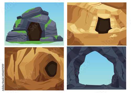 Cave rocky landscape backdrops collection of banners, flat vector illustration.