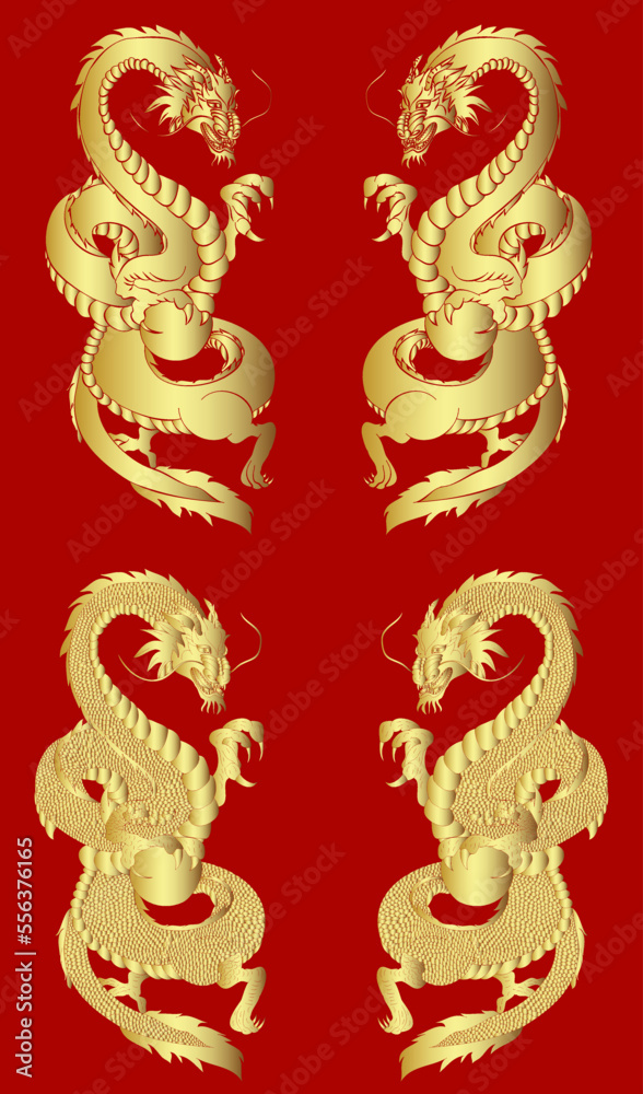 Japanese red dragon tattoo.Dragon on red background for Chinese New Year.Gold Chinese Dragon vector.Gold line art King Dragon tattoo.cartoon vector for t-shirt. Japanese red dragon tattoo.Dragon on red background for Chinese New Year.Gold Chinese Dragon vector.Gold line art King Dragon tattoo.cartoon vector for t-shirt.