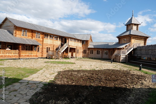 Yalutorovsk, Russia - 06.03.2018 : Wooden building on the territory of an ancient historical settlement. photo