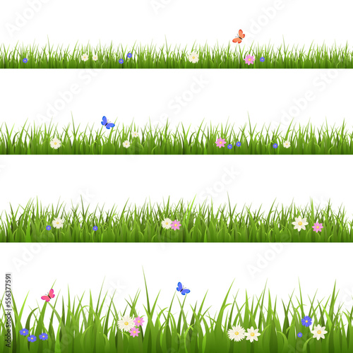 Set of realistic seamless grass borders with flowers and butterflies