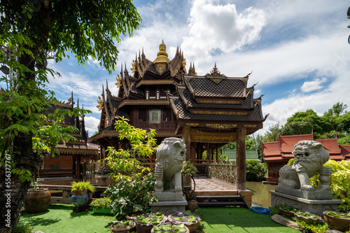 Bangkok, Thailand, August 21, 2022 :  Wat Sangkathan. Outside of the wooden chapel ( Buddhist temple ) area.