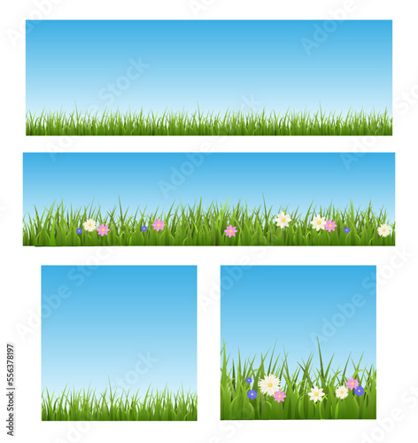 Spring easter and summer grass banners collection realistic vector illustration.