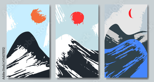 Vector landscape illustrations. Set of hand drawn artistic posters. Design for poster, banner, brochure, invitation. 