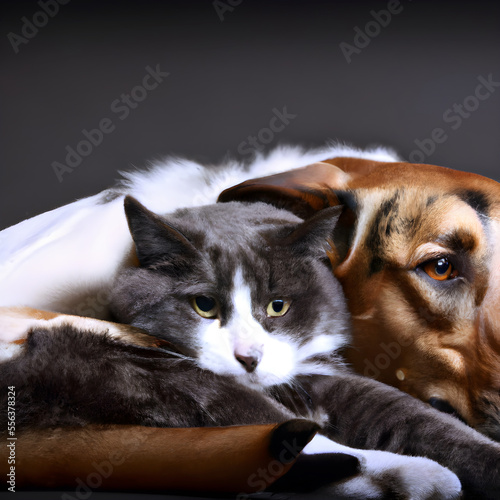 Cat and dog cuddling together. Generative AI.