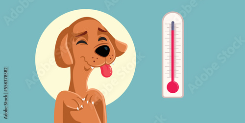 Dog Feeling Bad During Hot Summer Days Vector Illustration. Pet animal feeling unwell duet to dehydration and hyperthermia 
