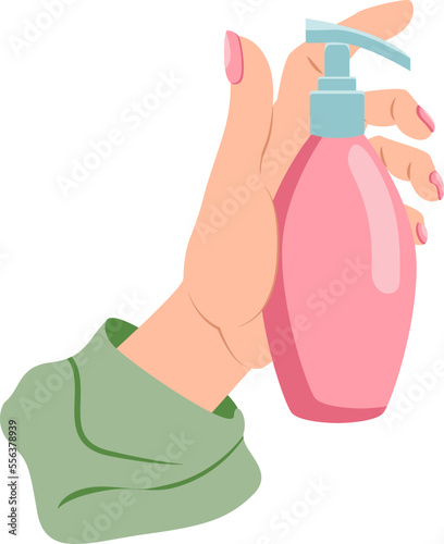 Beautiful female hand holding a bottle of cream flat style isolated on white backround