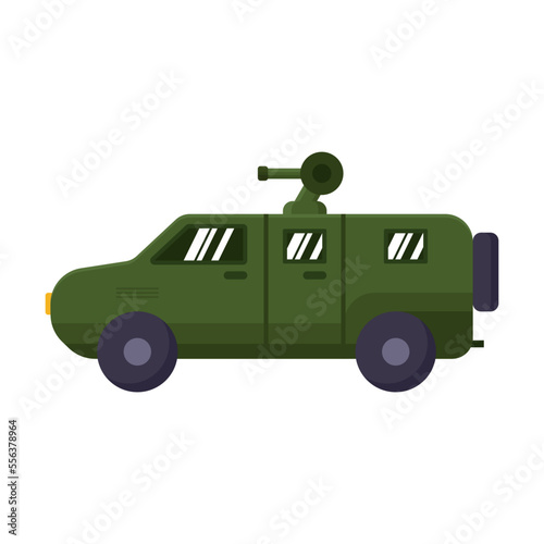 Vector picture of light armored vehicle with machine gun on roof in flat style. Army weapon illustration. Military equipment. War, battle concept