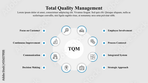 Infographic template of total quality management with icons and text space.
