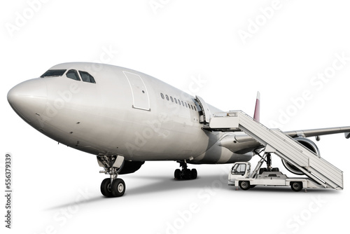 Wide body passenger airplane with boarding ramp isolated on transparent background