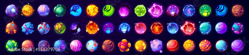 Huge set of fantasy planets isolated on dark background. Colorful alien space globes with cold ice, hot lava, toxic bubbles, mysterious neon textures. Gui design elements. Cartoon vector illustration